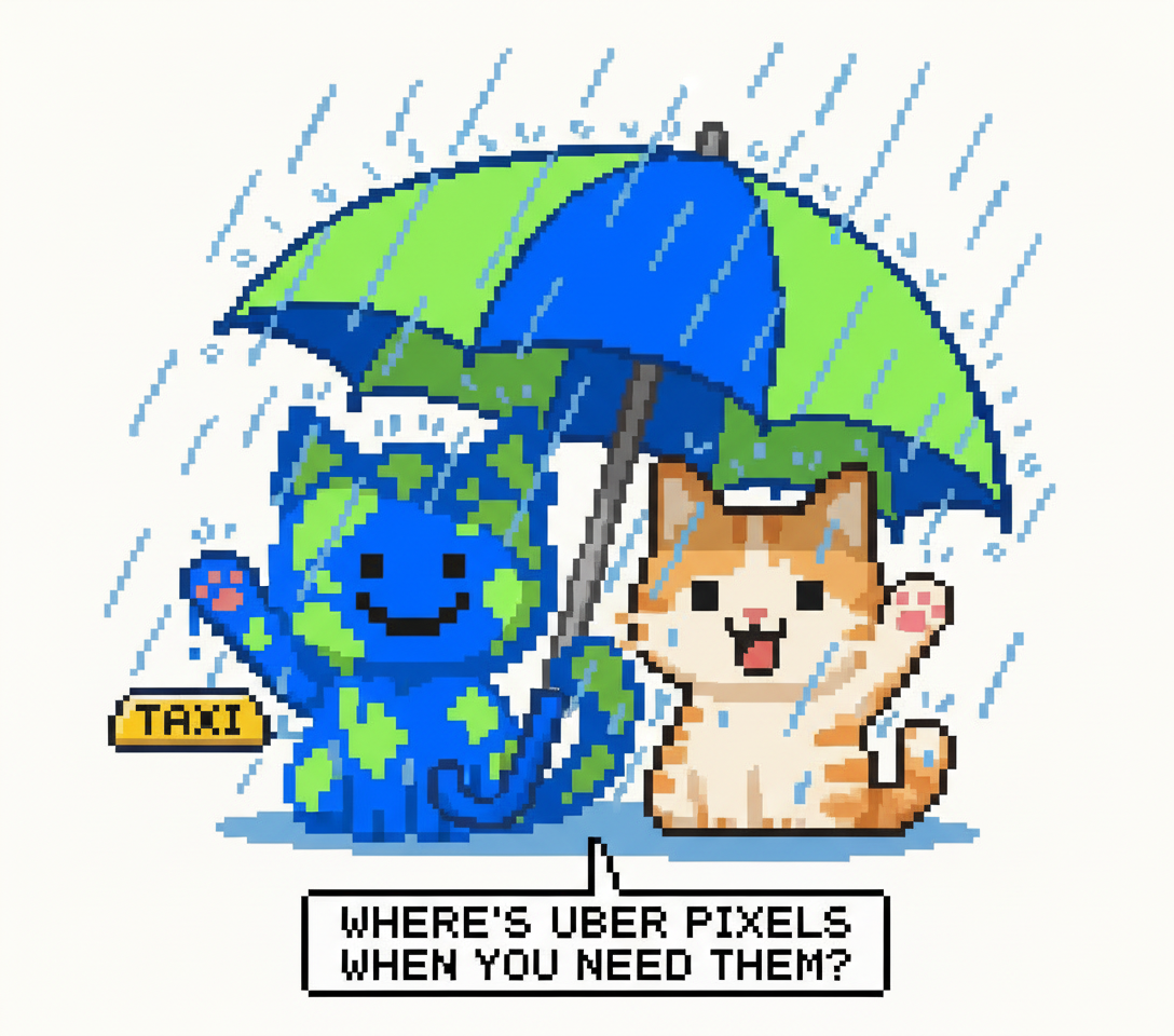The first mascot and the second mascot, both drenched, clinging to a single oversized umbrella in a torrential downpour, desperately hailing a taxi.