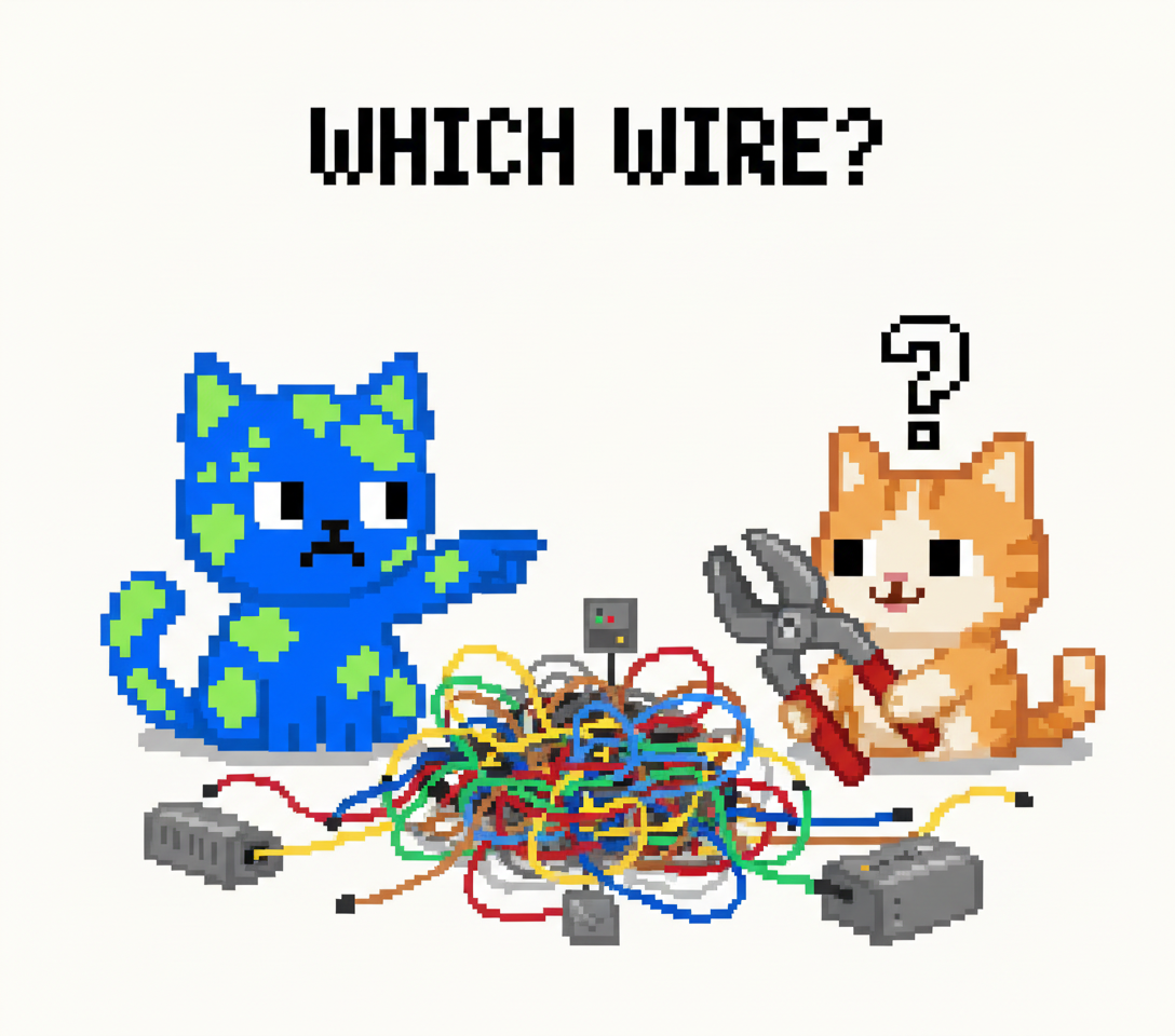 The first mascot is frantically pointing at a complex spaghetti of wires, while the second mascot, holding a giant pair of bolt cutters, stares back, utterly bewildered.