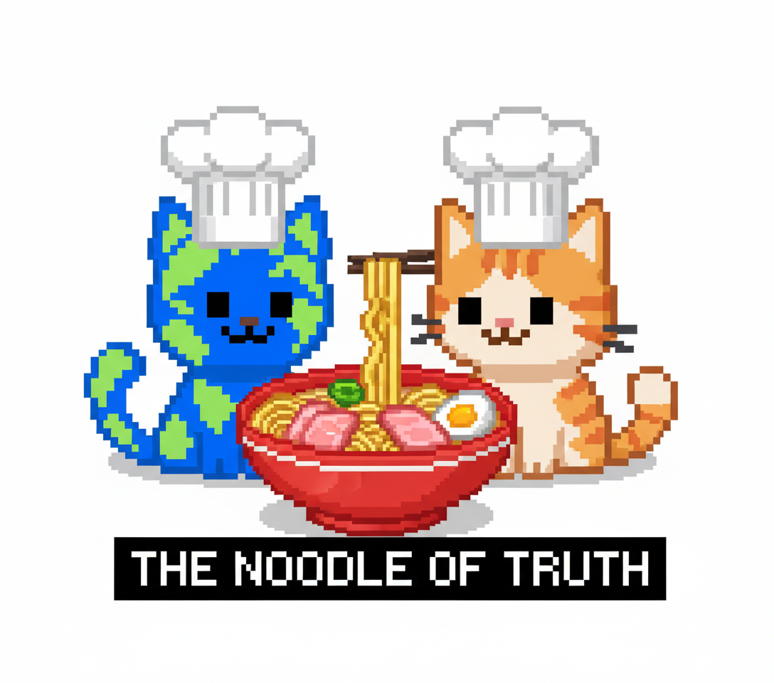 The first mascot and the second mascot, both wearing chef hats, intensely studying a single ramen noodle bowl.