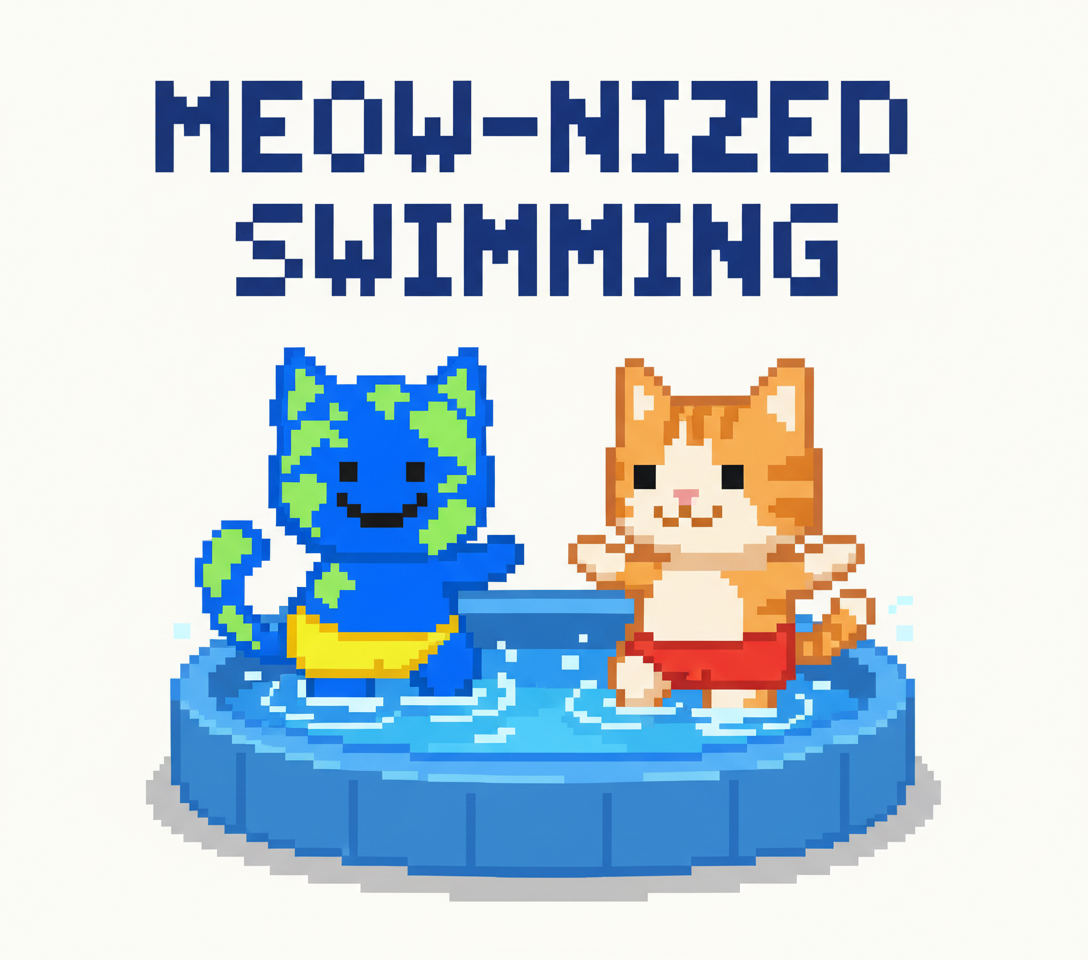 The first mascot and the second mascot, both in tiny, brightly colored speedos, attempting to gracefully synchronized swim in a kiddie pool.