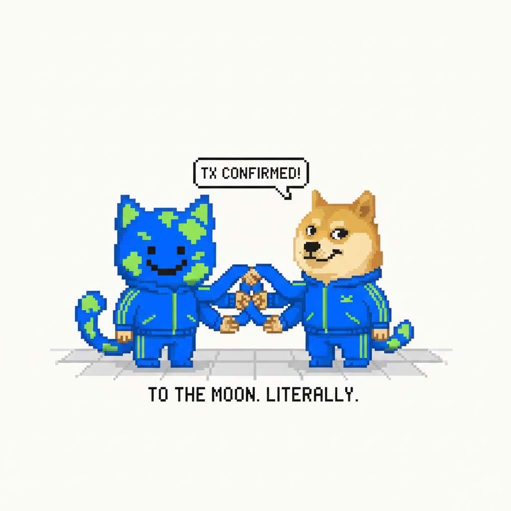 The first mascot and the second mascot, both in matching tracksuits, performing an elaborately choreographed handshake after a successful, totally legit, anonymous crypto transfer.